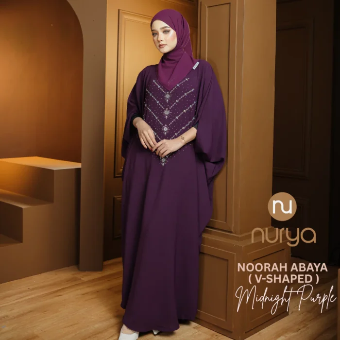 Midnight Purple - Noorah V-Shape Abaya Kaftan Kain CEY Premium Ironless Muslimah Batwing Clothing Midnight Purple - Noorah V-Shape Abaya Kaftan Kain CEY Premium Ironless Muslimah Batwing Clothing