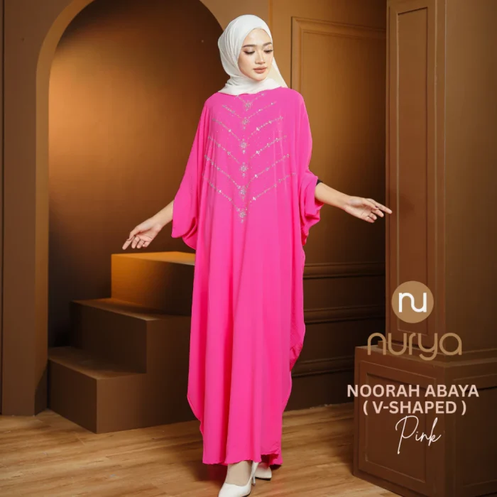 Pink - Noorah V-Shape Abaya Kaftan Kain CEY Premium Ironless Muslimah Batwing Clothing Pink - Noorah V-Shape Abaya Kaftan Kain CEY Premium Ironless Muslimah Batwing Clothing